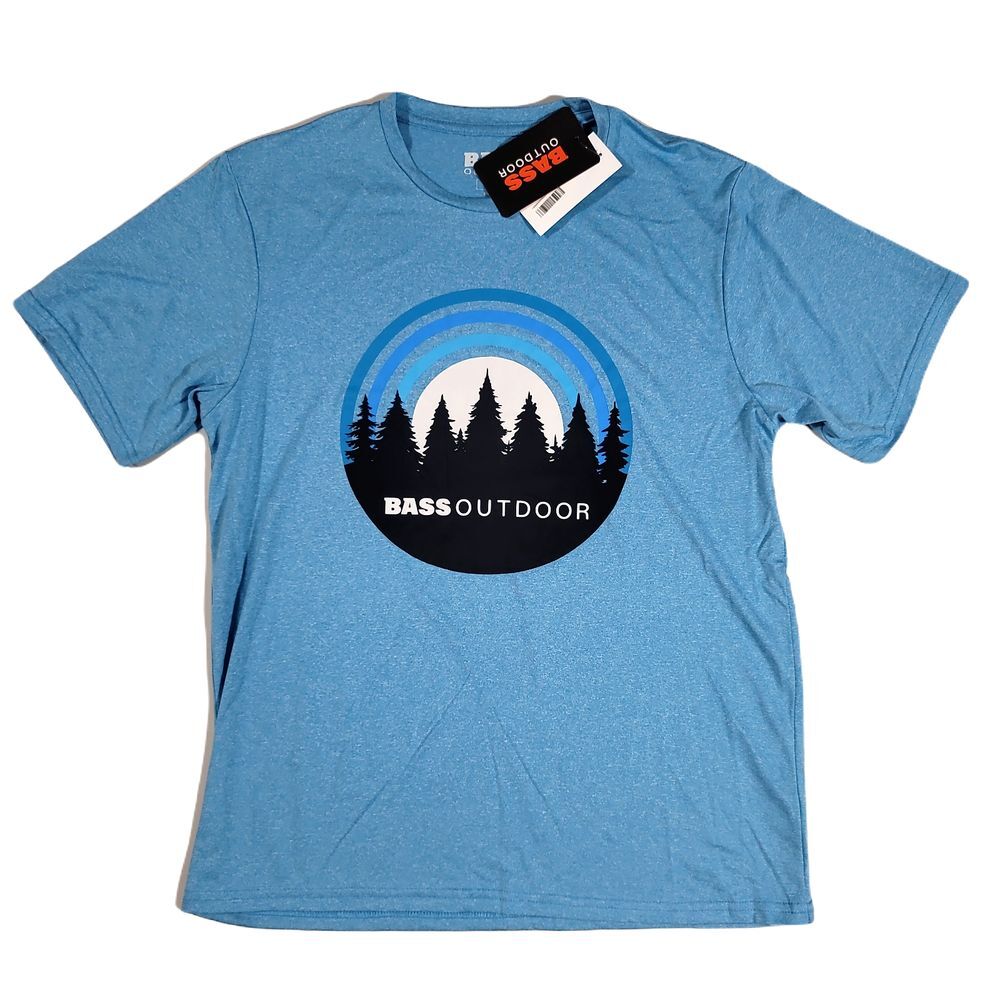 Bass Outdoor Performance Graphic T-Shirt Mens Medium UPF-50 Sky Blue Heather NEW
